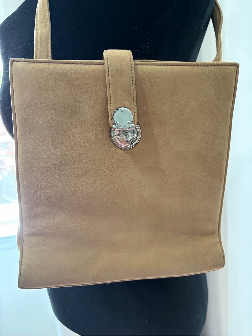 Ralph Lauren Tan Suede Square Shoulder Bag with Silver-Tone Clasp